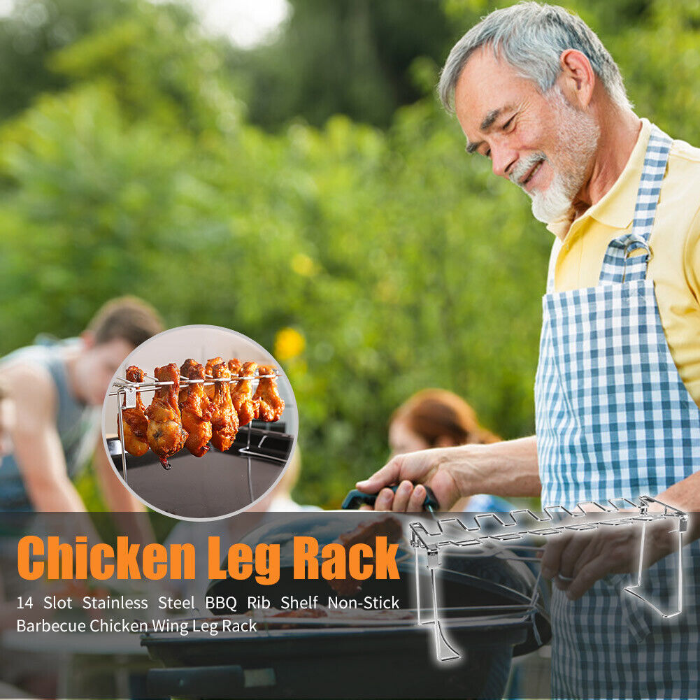 14 Slot Stainless Steel BBQ Rib Shelf Grill Barbecue Chicken Wing Leg Rack