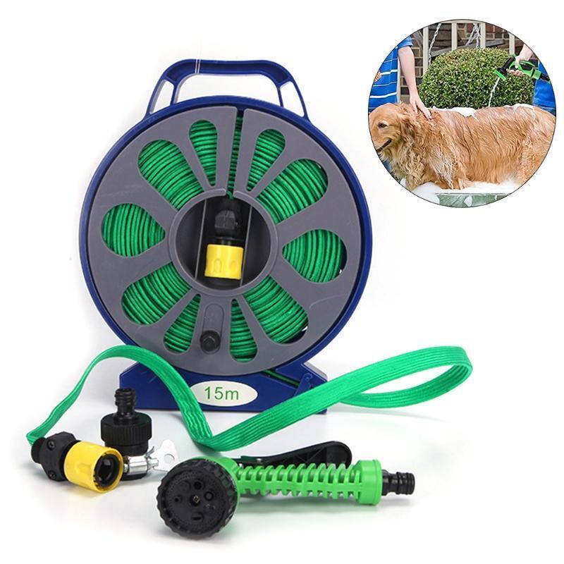 Foldable 590 inch Garden Outdoor Hose and Reel with Nozzle for Plant Watering