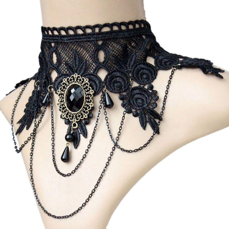 Gothic Choker Halloween Crystal Black Lace Neck Choker Necklace Clavicle Chain