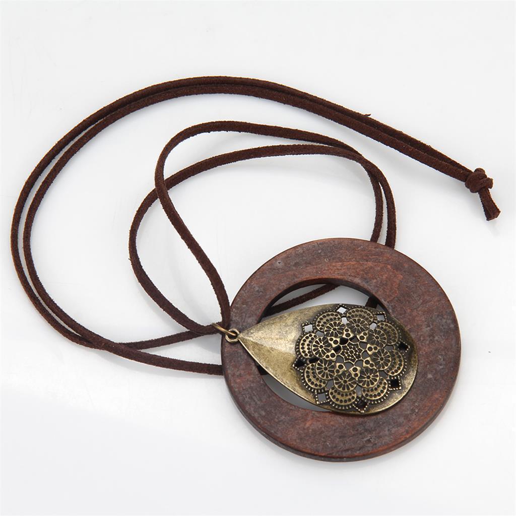 Round Wooden Pendant Long Sweater Chain Necklace Jewelry Gifts
