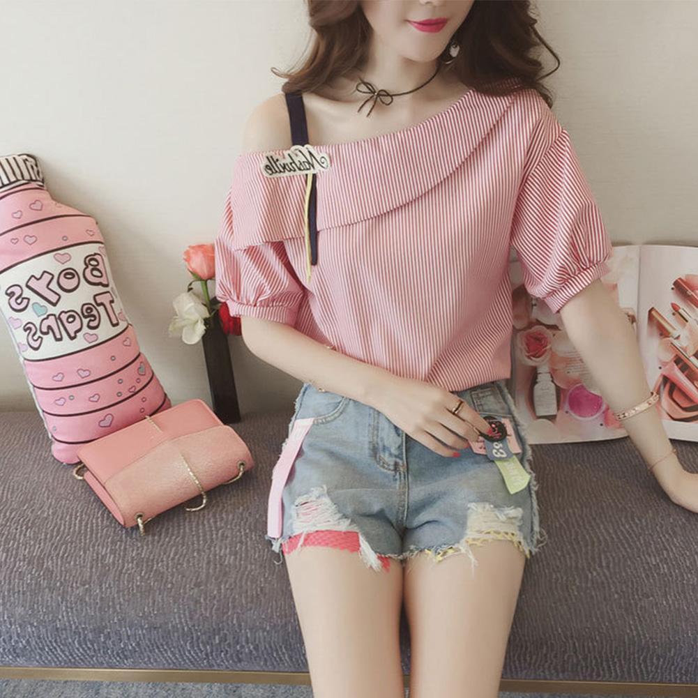 Fashion Women Short Sleeve Stripe Off Shoulder Loose T-Shirts Tops (Pink M)