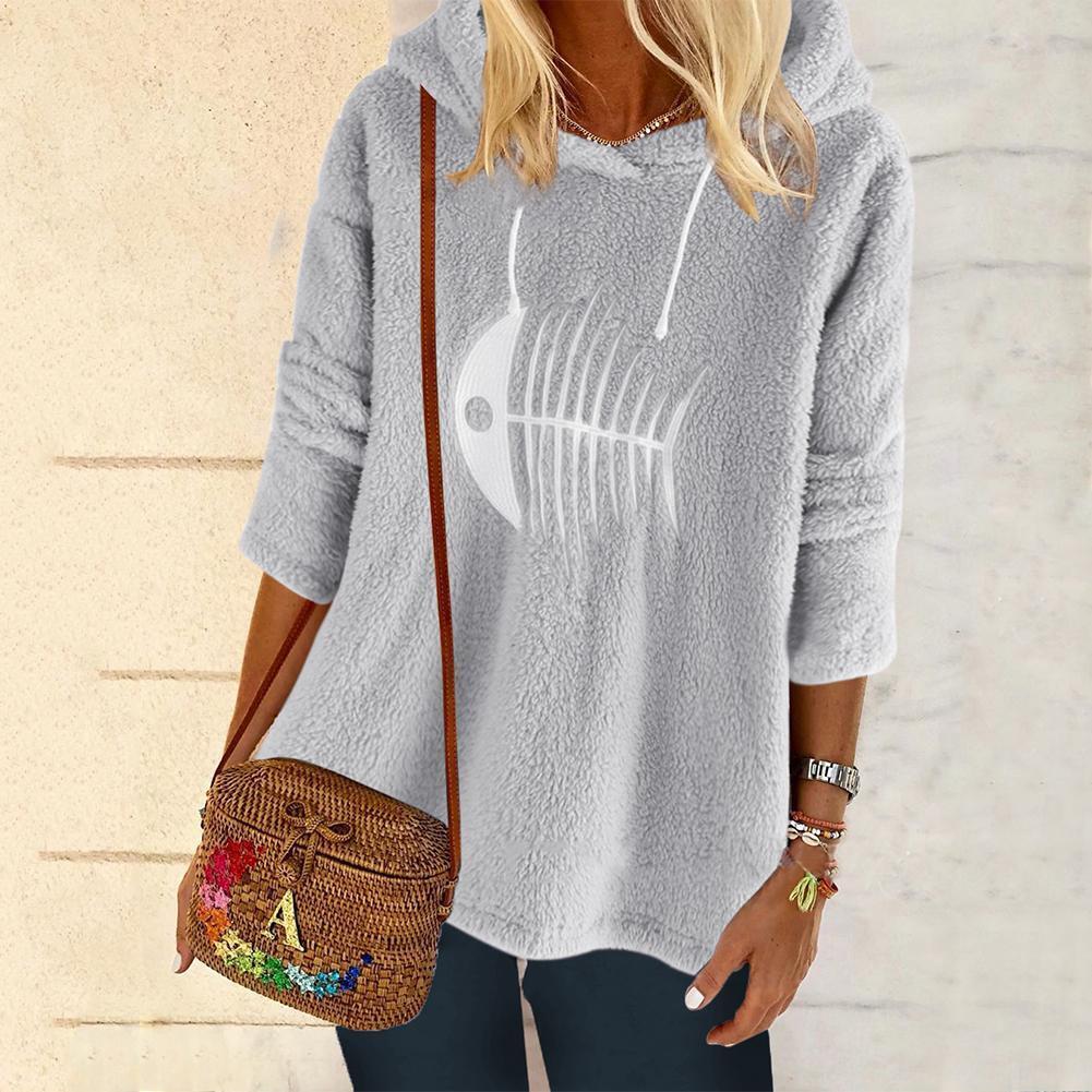Women Solid Color Pullovers Plush Fishbone Long Sleeve Hoodies (Gray)(XL)