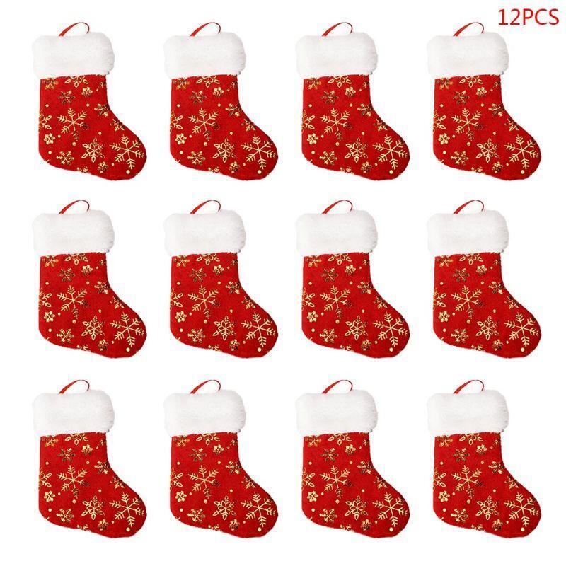 12pcs 7inch Christmas Stockings Candy Gift Bag Snowflake Socks Hanging Xmas Tree