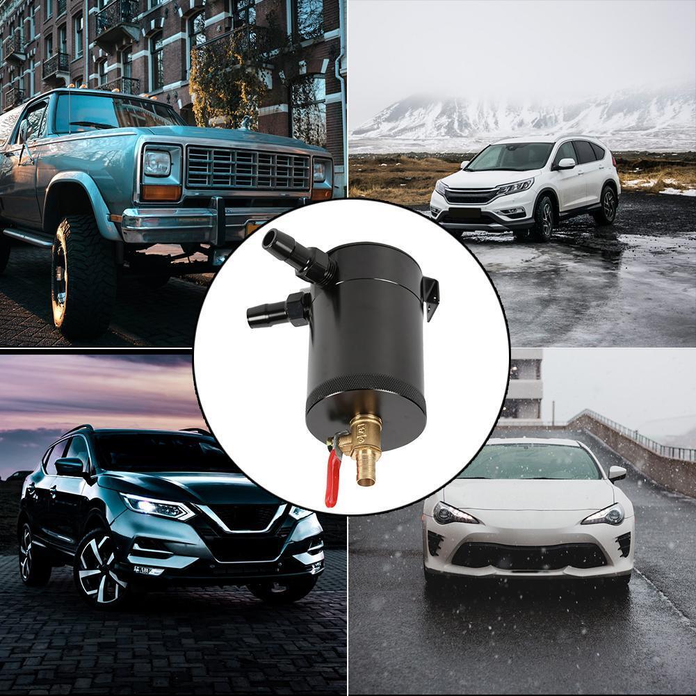 2-Port Baffled Aluminum Alloy Oil Catch Can Tank with Drain Valve Black