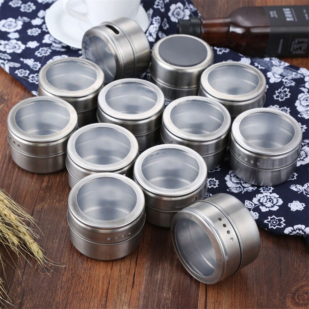 12Pcs/set Magnetic Spice Tins Stainless Storage Container Jars with Clear Lids