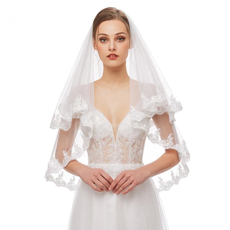 Wedding Veil Double Layers Lace Trims Elbow Length Short Tulle for Brides