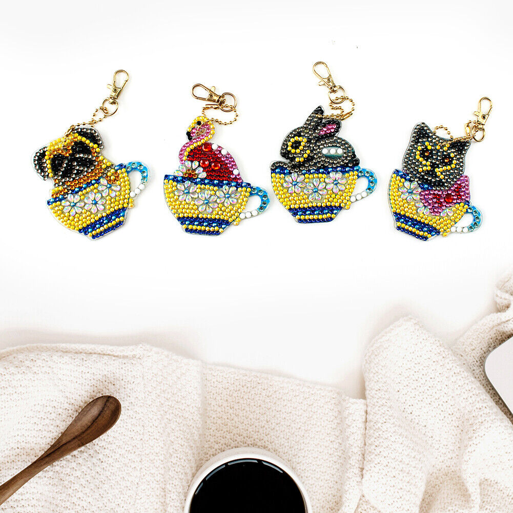 4x DIY Diamond Painting Keychains Cup Animal Embroidery Needlework Keyrings