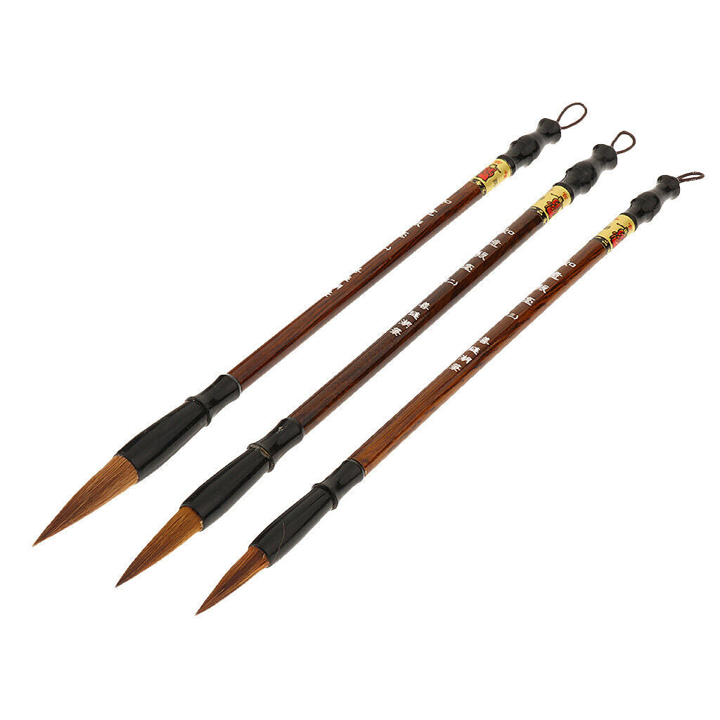 3 x Wolf Hair Brushes Chinese Sumi Calligraphy Brush Drawing Pen L/M/S Size