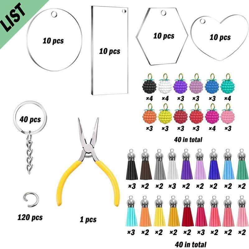 40 Acrylic Blanks 40 Leather Tassels 40 Key Rings with Chain 120 Open Small Ring