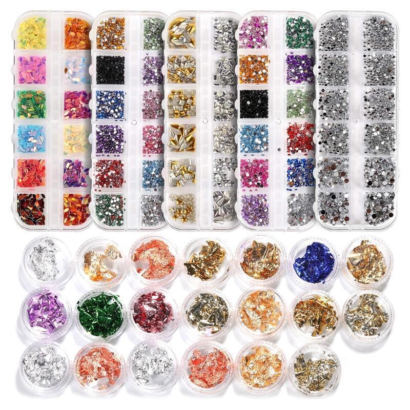 5pcs Nail Rhinestones Kit Flatback Nail Jewels Iridescent Nail Foil Flakes