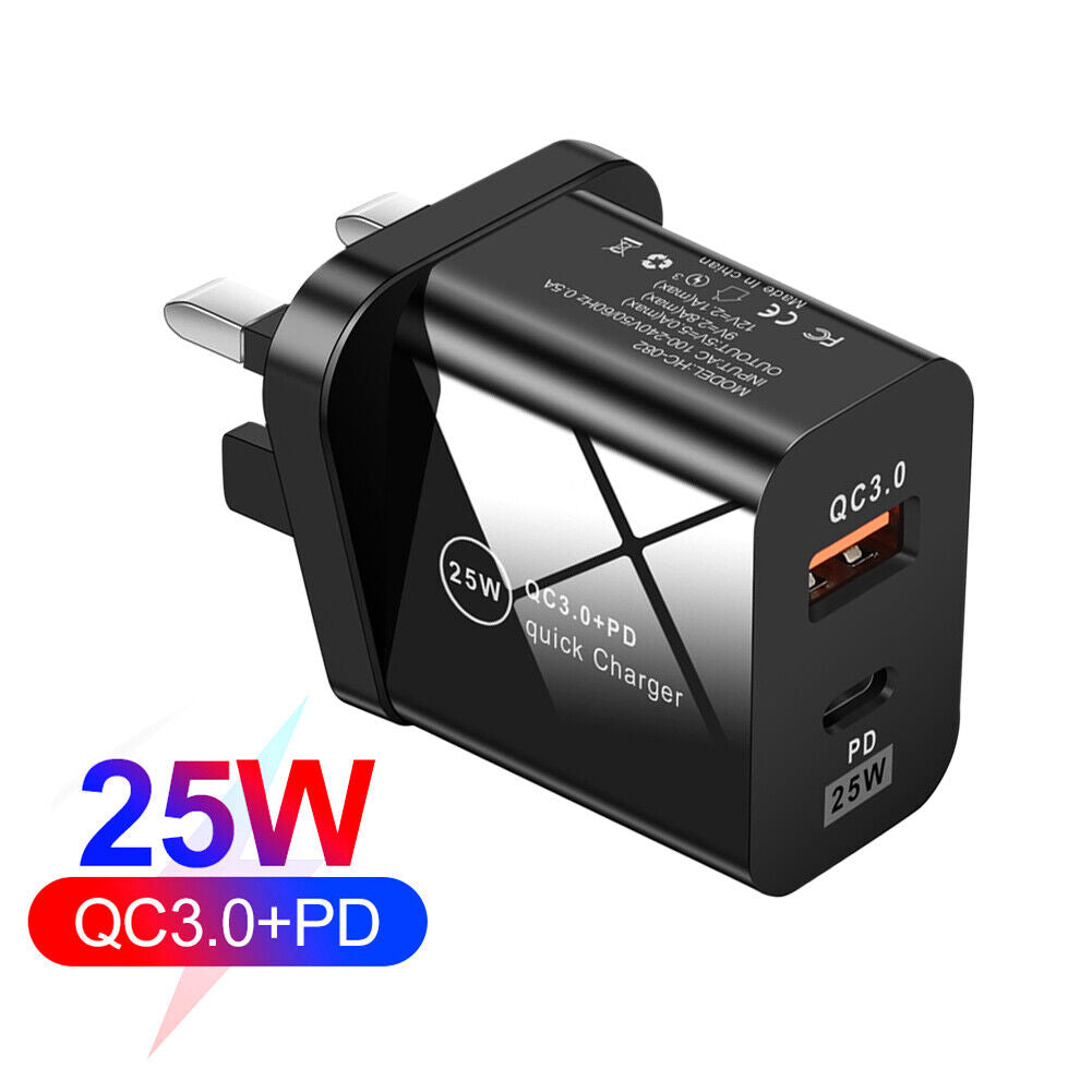 25W QC3.0+PD Dual Port Type-C Phone Fast Charger Charge Adapter (UK Black)