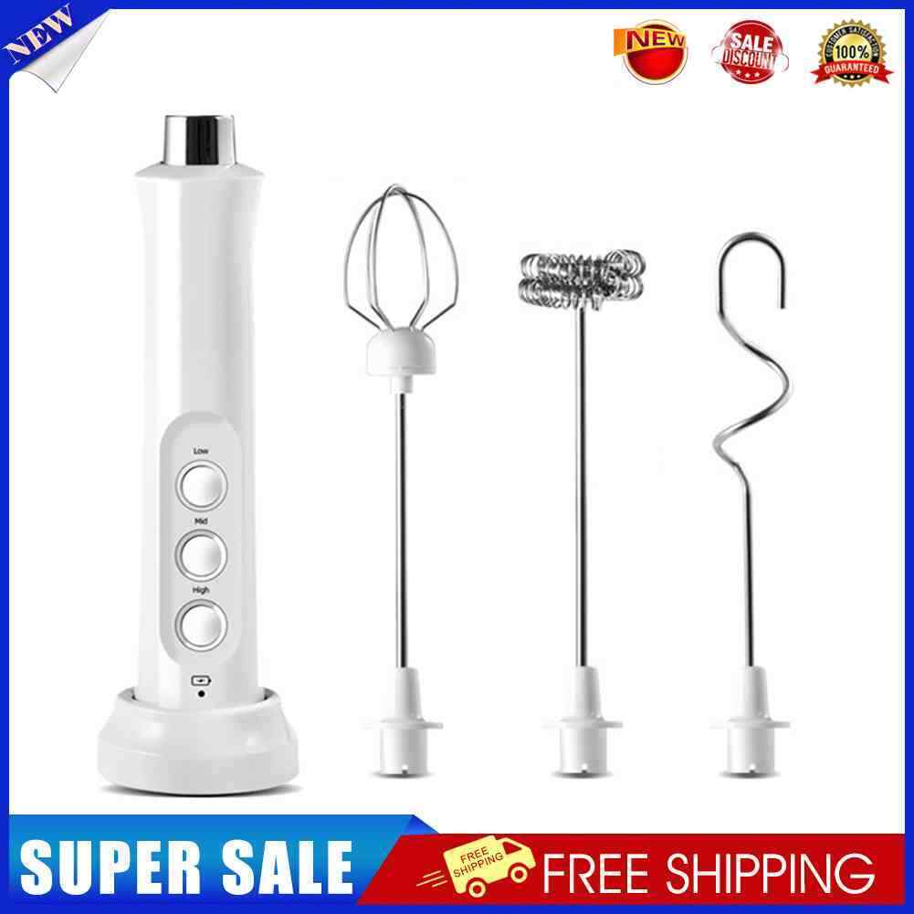 USB Electric Milk Frother 3 Whisk Coffee Foamer Handheld Egg Mixer (White)