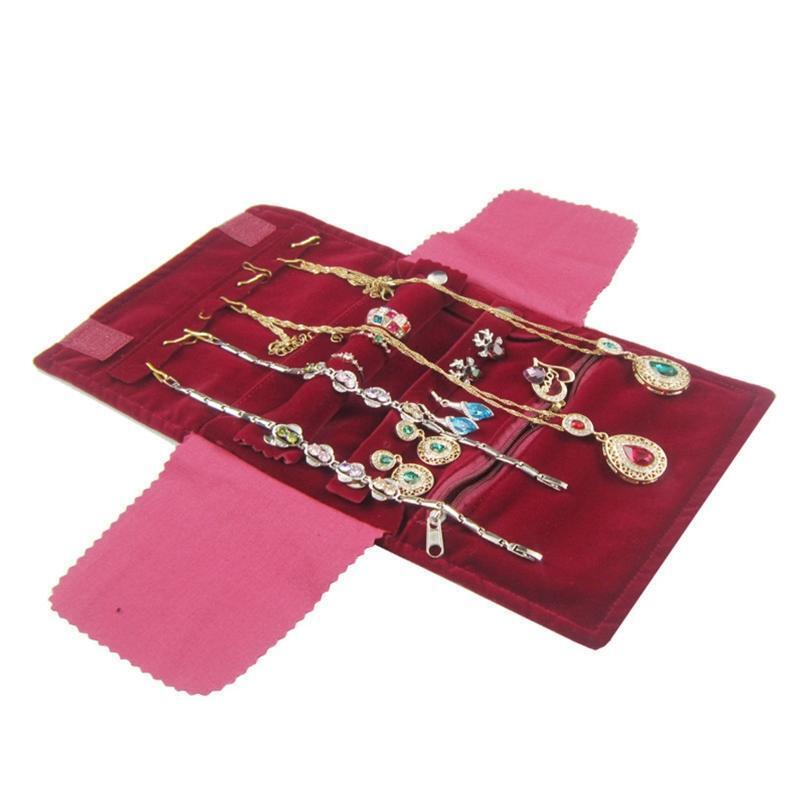 Velvet Jewelry Organizer Roll Travel Zipper Case Pouch Storage Bag for Necklace