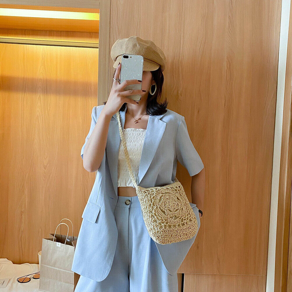 Flower Straw Shoulder Bag Women Beach Woven Crossbody Purse Handbag (Beige)