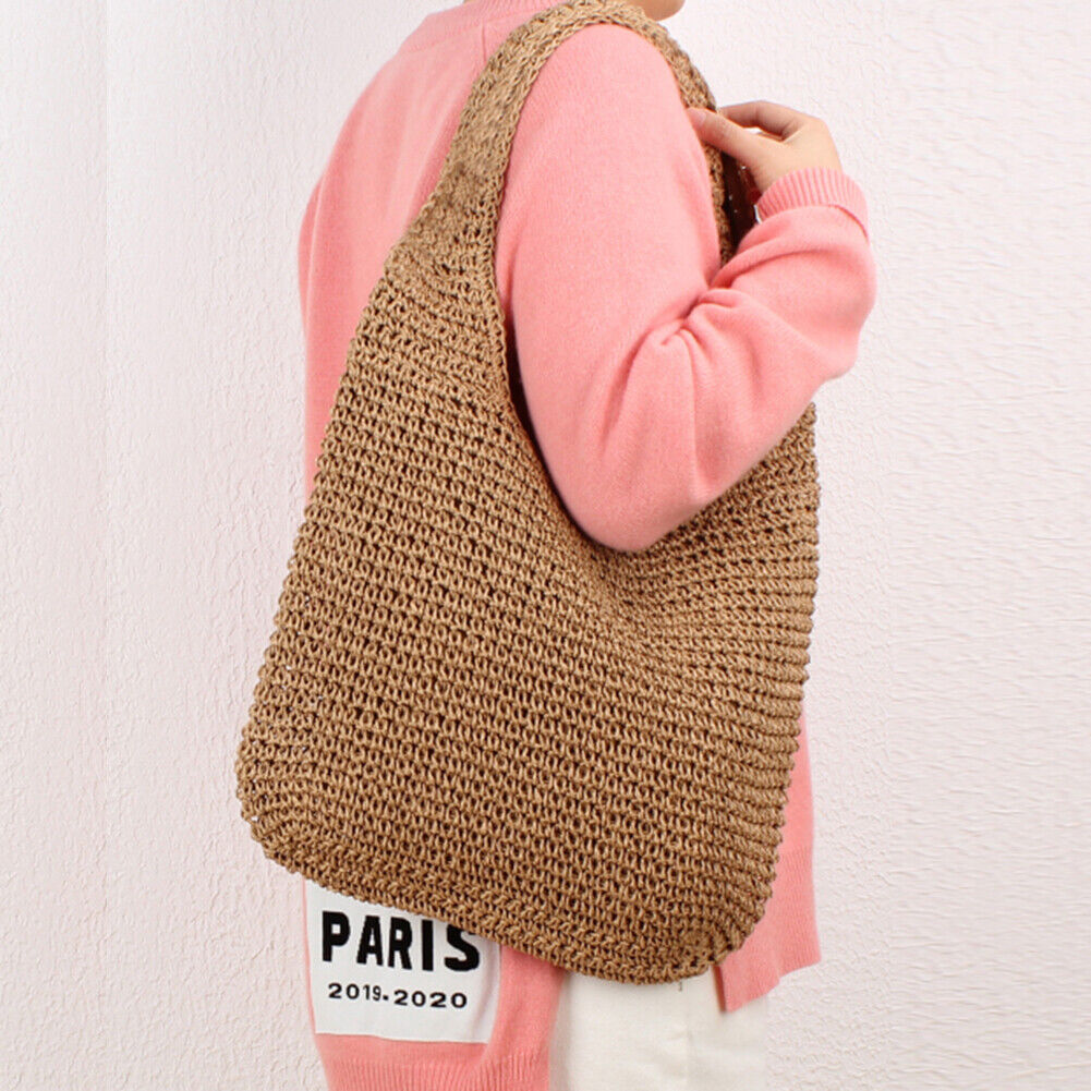Boho Straw Shoulder Bag Women Large Capacity Woven Beach Vacation Handbags