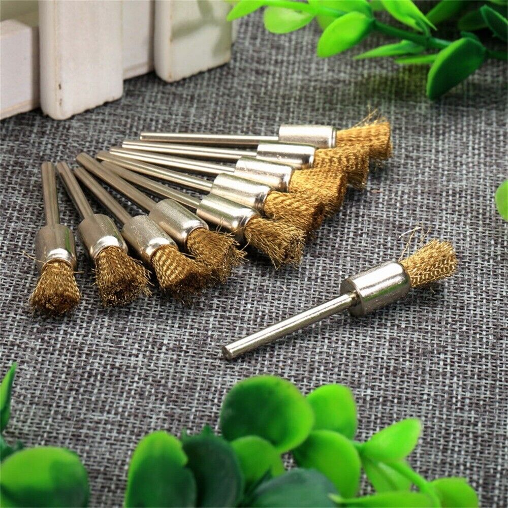 10Pcs 8mm Pen Brass Wire Brushes Cleaning Polishing Grinder Power Rotary Tool