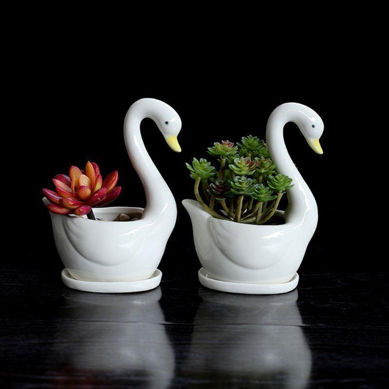 White Swan Ceramic Flower Pot Succulent Plant Flowerpot Planter Desktop Home DIY