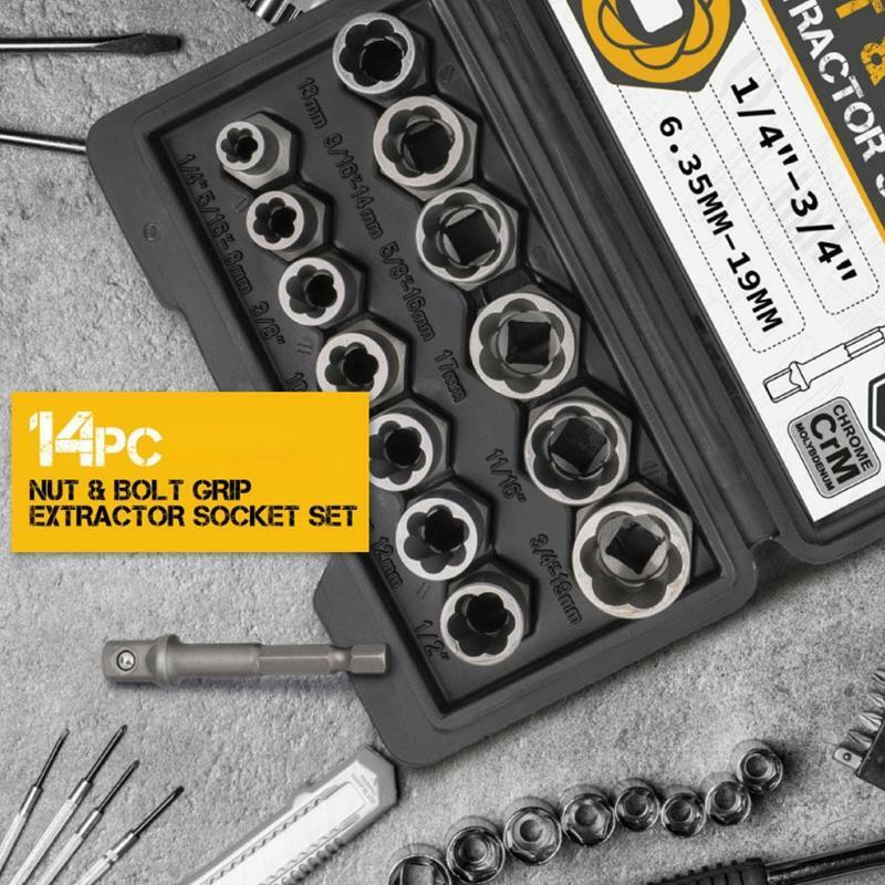 14 Pcs Damaged Screw Extractor Cr-Mo Steel Bolt Nut Remover Car Tool Kit Tool