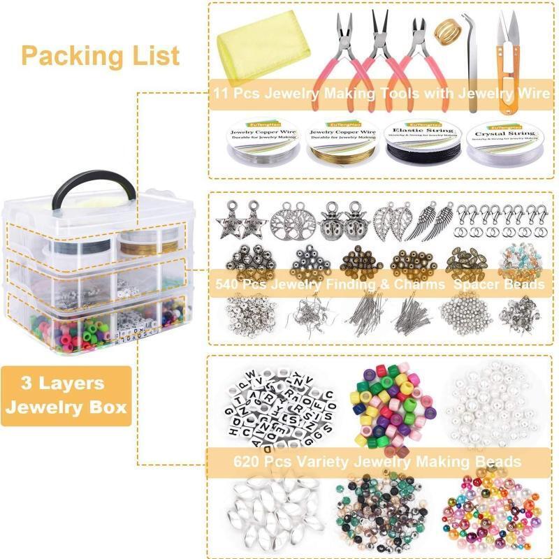 Jewelry Making Supplies Kit with Assorted Beads Charms Findings Wire Cord Pliers