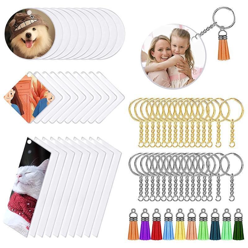 Acrylic Square Round Keychains Blank Colorful Tassels Metal Decoration Keyrings