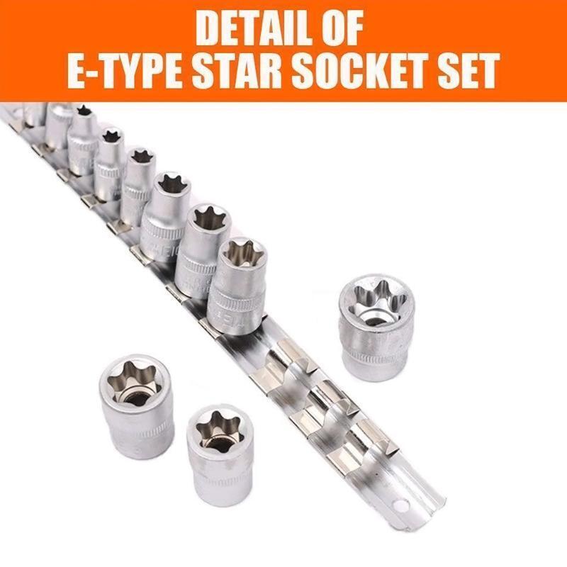 E4 - E20 On Rail 1/4" 3/8" E-Type Sockets External Star Torque Socket Set 11 Pcs