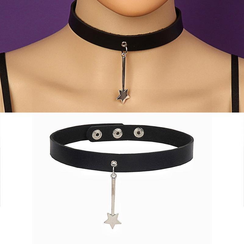 Adjustable Leather Choker Collar Soft Star Shaped Pendant Punk Choker Necklace
