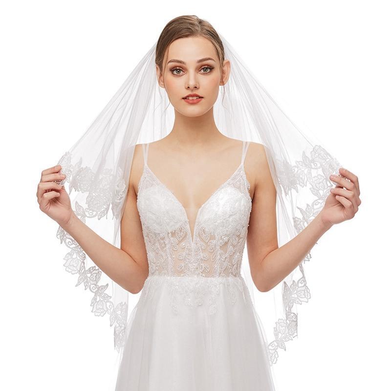 Wedding Veil with Comb 2-Layer Elbow Lace Trims Appliques Tulle Hair Accessories