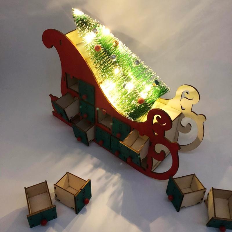 Christmas Sleigh Tree Wooden Advent Calendar Countdown LED Party Decor 24 Drawer