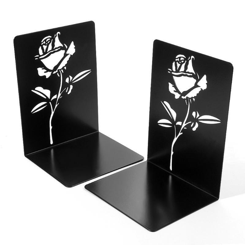 Decorative Rose Bookends for Heavy Books Anti-Slip Metal Book Stoppers Holders f
