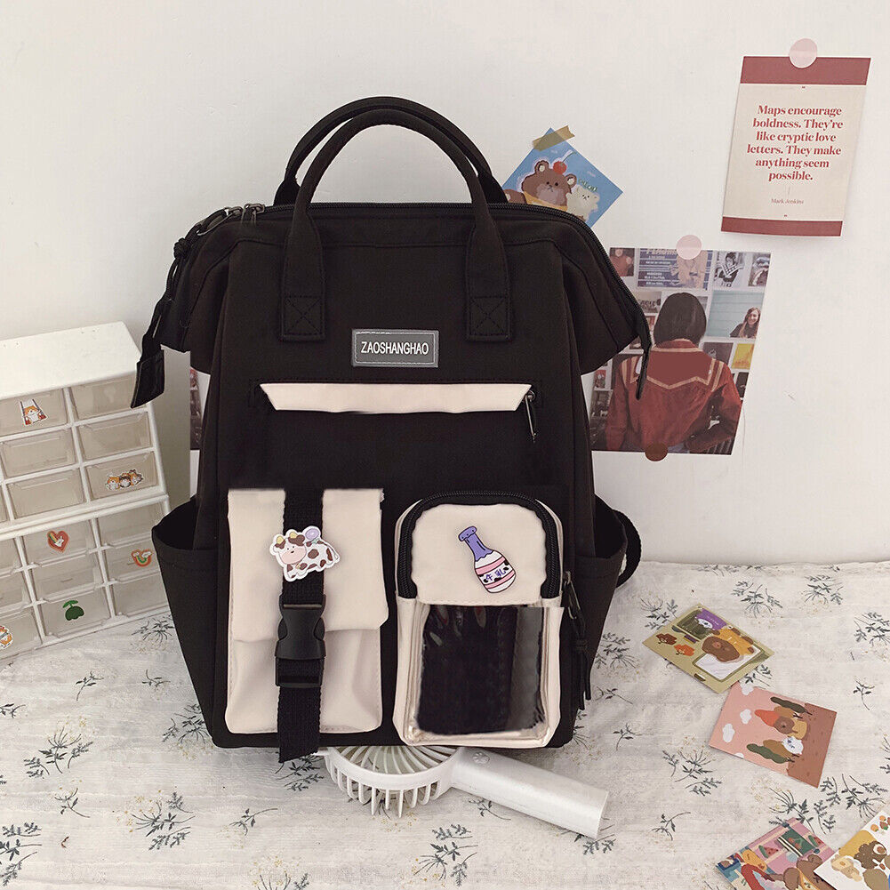 Preppy Style Women Hit Color Backpack Girls School Large Handbags (Black)