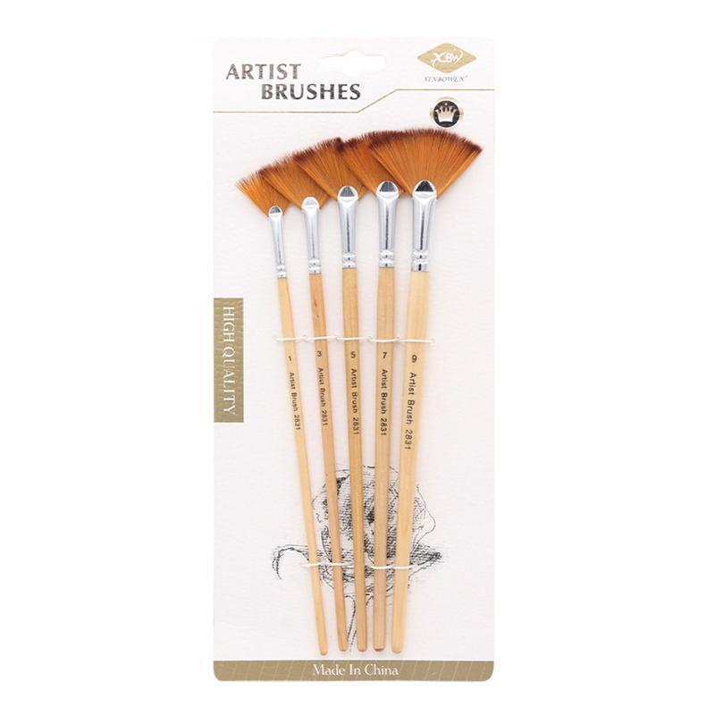 Artist Fan Paintbrushes Wood Rod Brush Painting Drawing Supplies for Child 5 Kit
