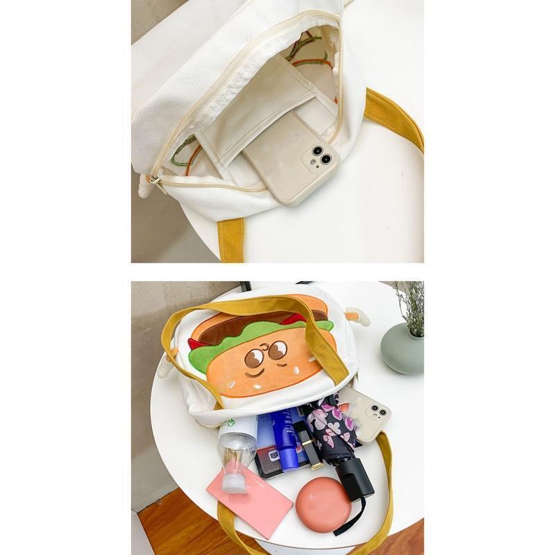 Canvas Shoulder Bag with Zipper Wear-Resistant Cute Cartoon Burger Design Bags