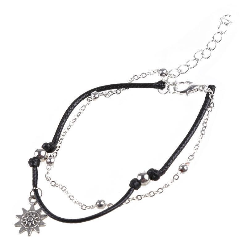 Women Elegant Double Chain Sun Pendant Beads Anklet Bracelets Beach Foot Jewelry