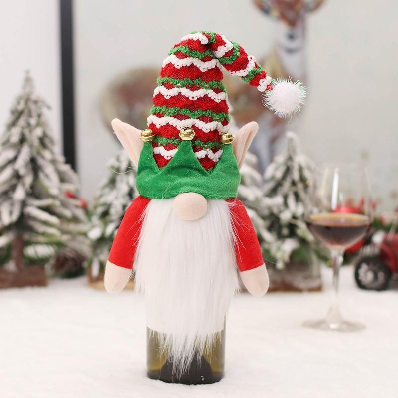 Christmas Wine Bottle Covers Set of 2 Striped Hat Gnome Decoration Accessory