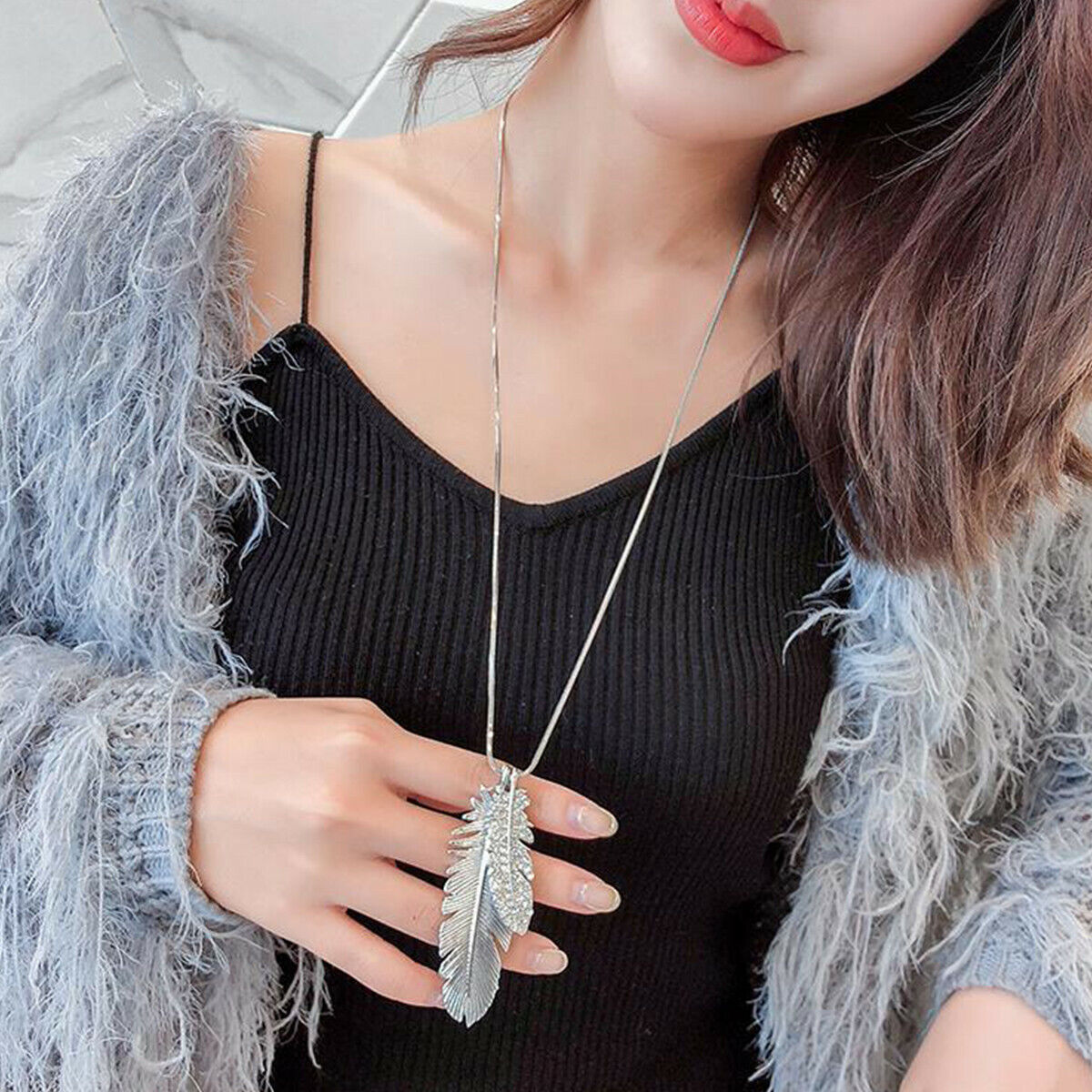 Charm Rhinestone Feather Long Sweater Pendant Necklace Women Jewelry Gift