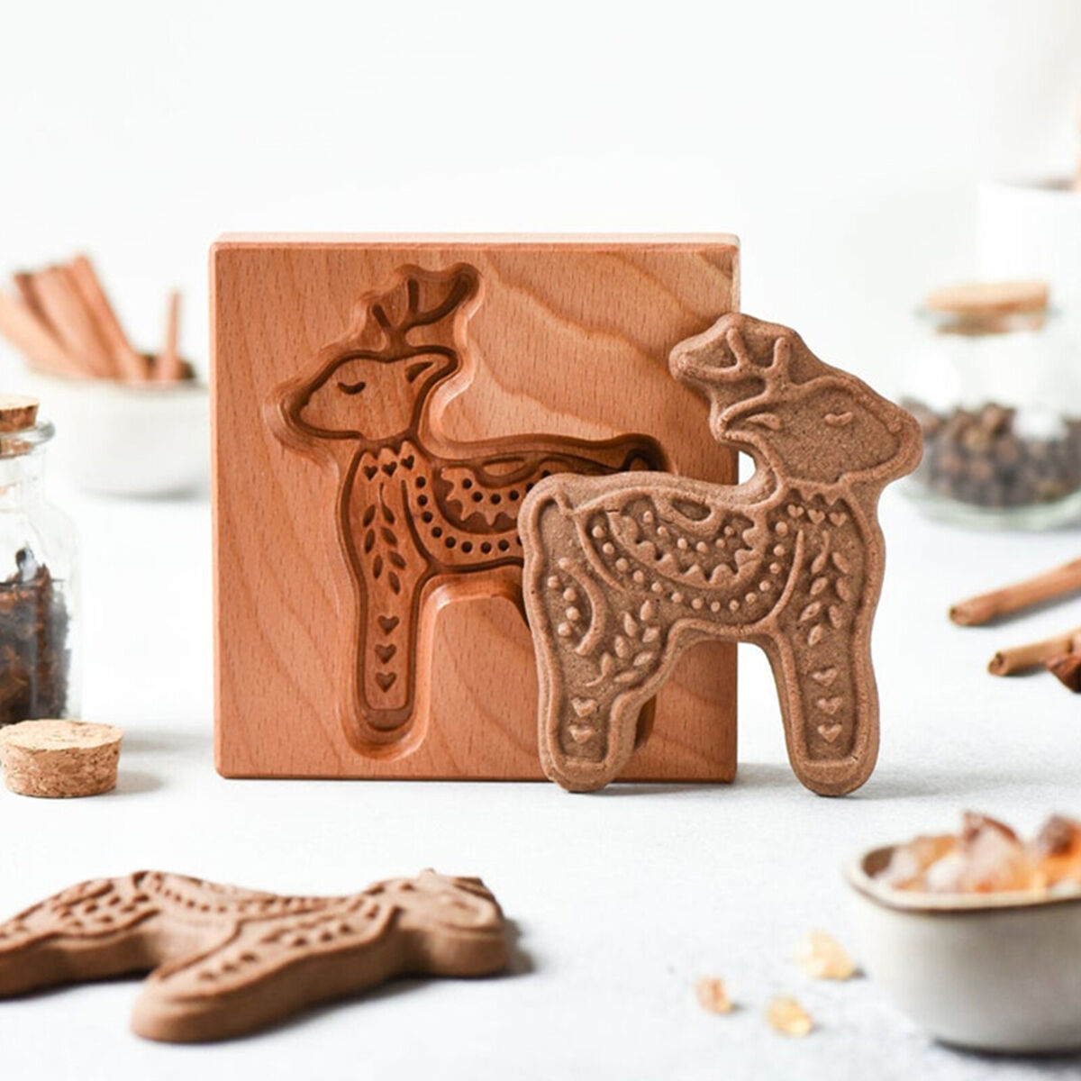 Cookie Mold Cutter - Carved Wooden Gingerbread Cookie Molds for Baking (C)