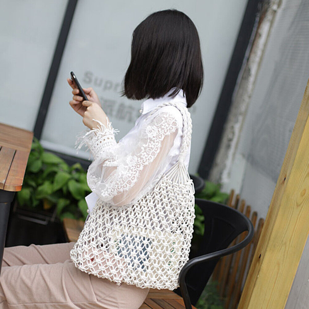 Womens Straw Hollow Beach Shoulder Bags Vacation Shopper Handbag (White)