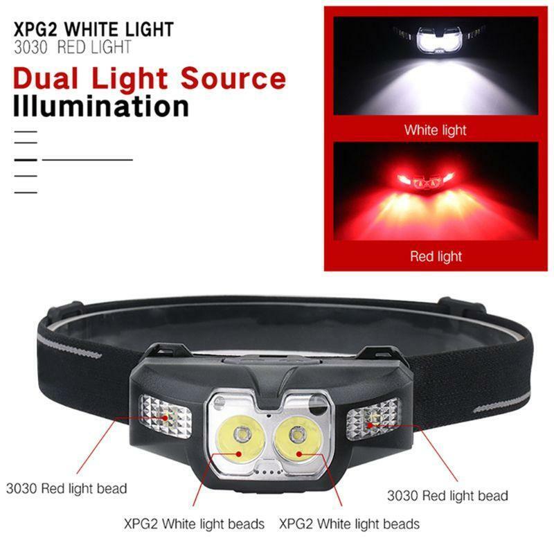 LED IR Motion Sensor Mini Headlamp Red 5-Mode Headlight Rechargeable Head Light