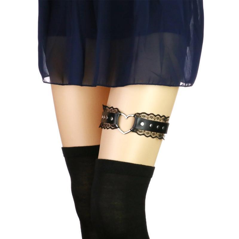 Women Punk PU Leather Belt with Pleated Lace Ladies Gothic Rock Leg Chain