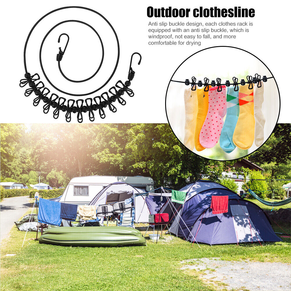 Travel Clothesline w/ 12 Clips Anti Slip Camping Cloth Hanger Rope (Black)