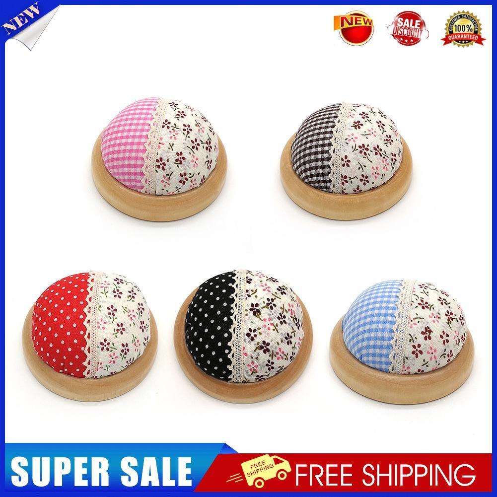 Splicing Pastoral Round Pin Cushion Wood Base Fabric Needle Storage Holder