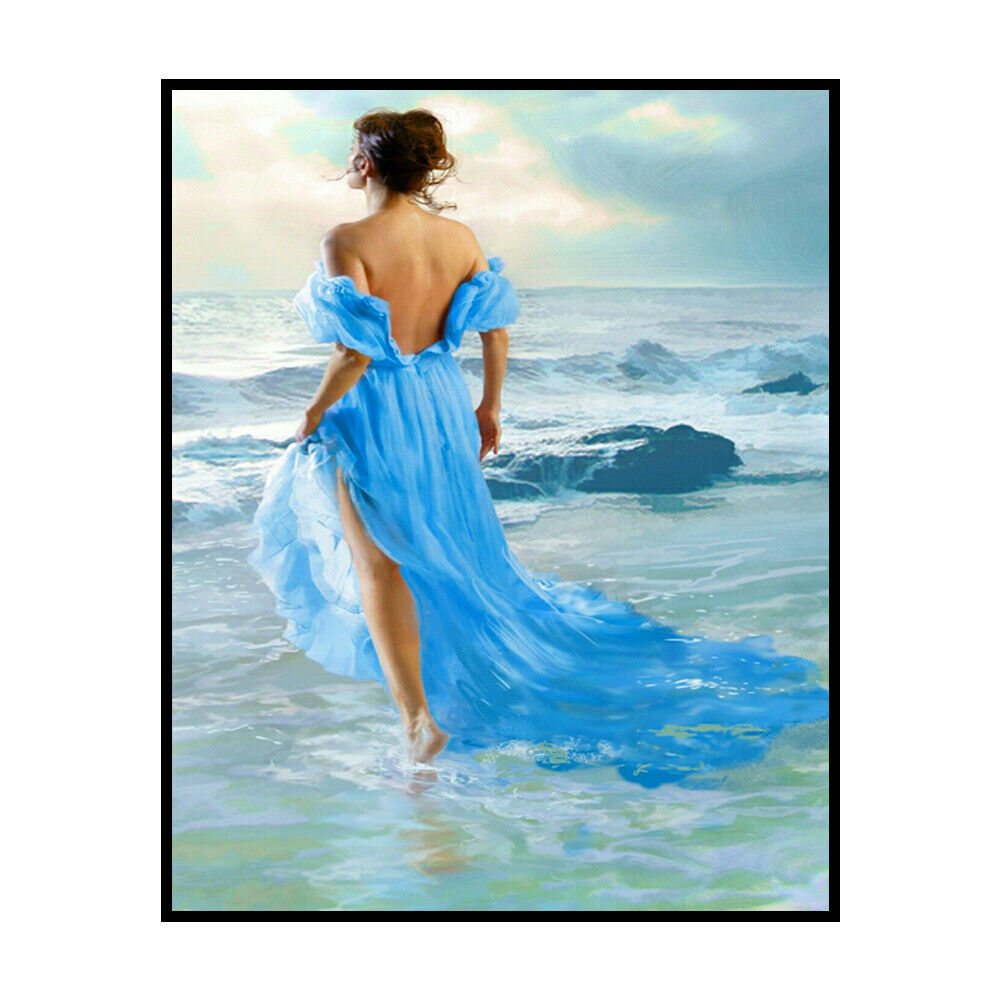 DIY Printed Seaside Girl Cross Stitch Kit Full Embroidery Canvas Home Decor