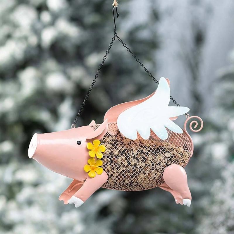 Hanging Bird Feeder Metal Seed Feeders Flying Pig Shape Garden Decoration