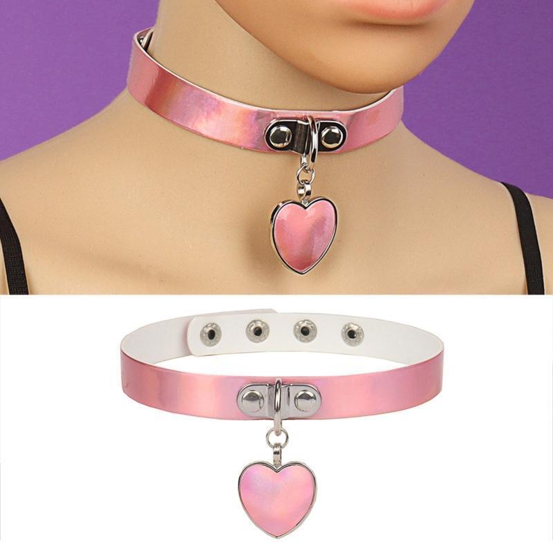 Gothic Jewelry Goth Leather Choker Necklace Heart Pendant Punk Collar Choker