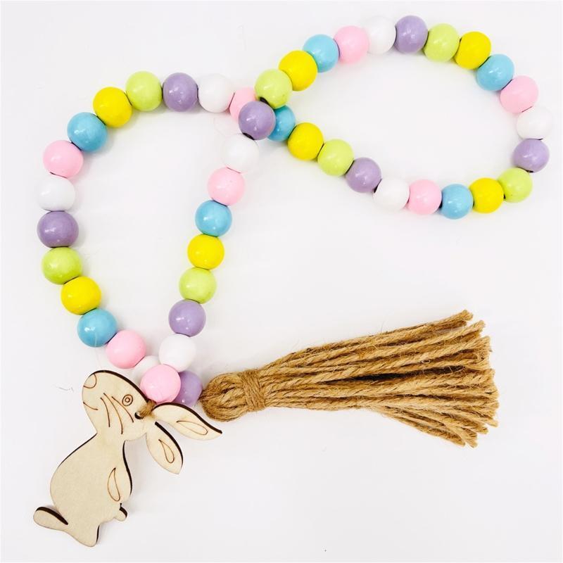 Easter Tassel Wood Bead Garland with Bunny Tag Beads String Pendant Hanging