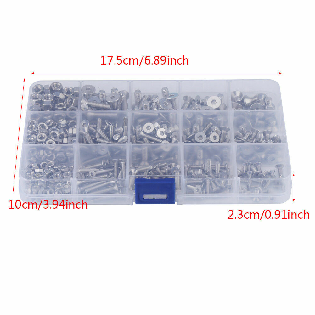 440pc M3 M4 M5 Stainles Steel Hex Socket Flat Head Screw Bolts Nuts kit Durable