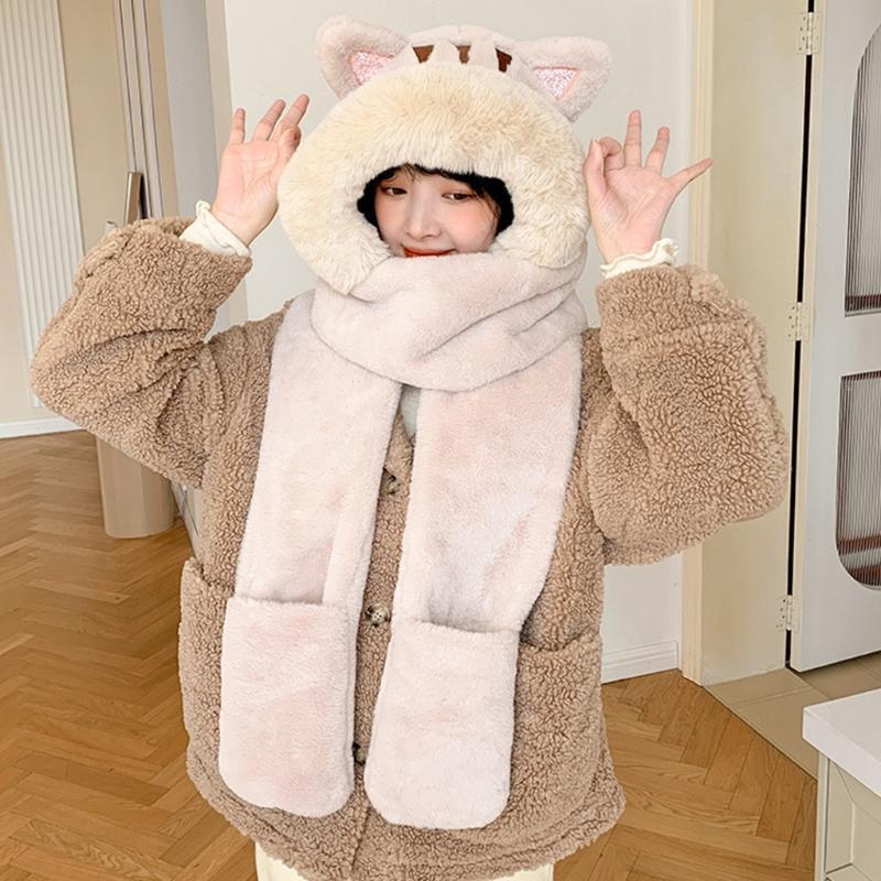 One Piece Scarf Plush Scarf Hooded Hat Winter Hat Scarf Gloves Set Fleece Warm