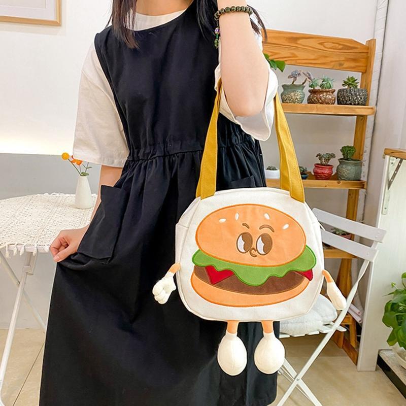 Canvas Shoulder Bag with Zipper Wear-Resistant Cute Cartoon Burger Design Bags