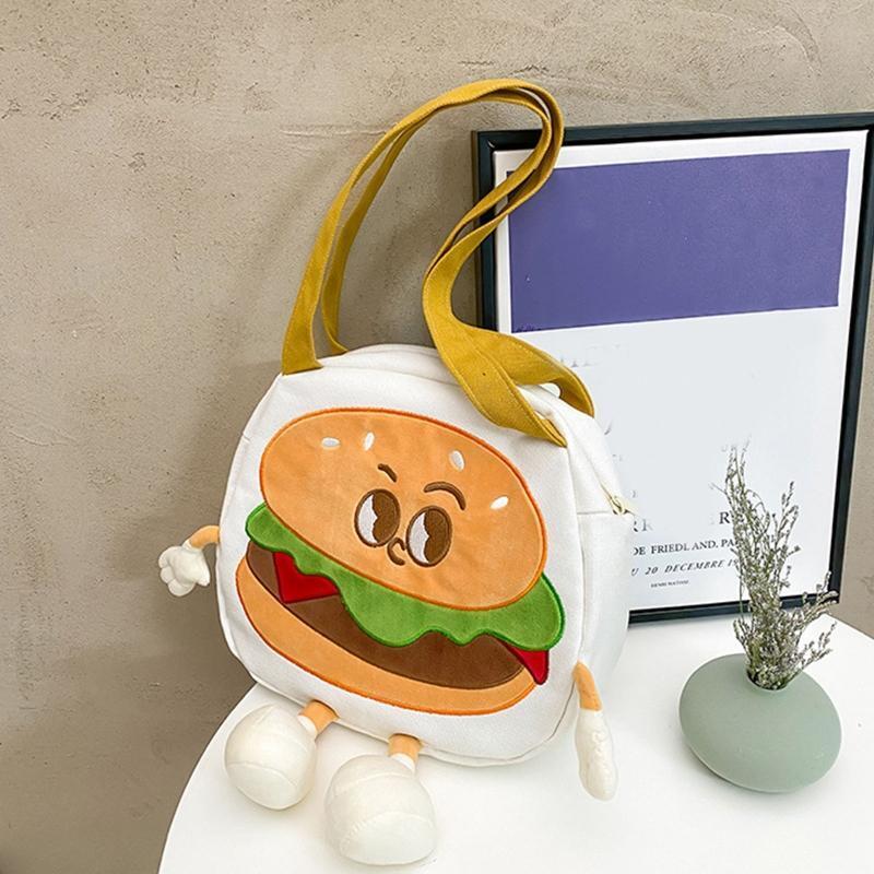 Canvas Shoulder Bag with Zipper Wear-Resistant Cute Cartoon Burger Design Bags