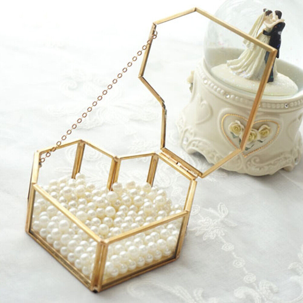 Hexagon Transparent Glass Jewelry Box Wedding Ring Earrings Holder (Heart)